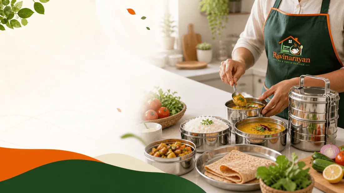 Chef preparing fresh homemade vegetarian tiffin in Ravinarayan Tiffin's home kitchen