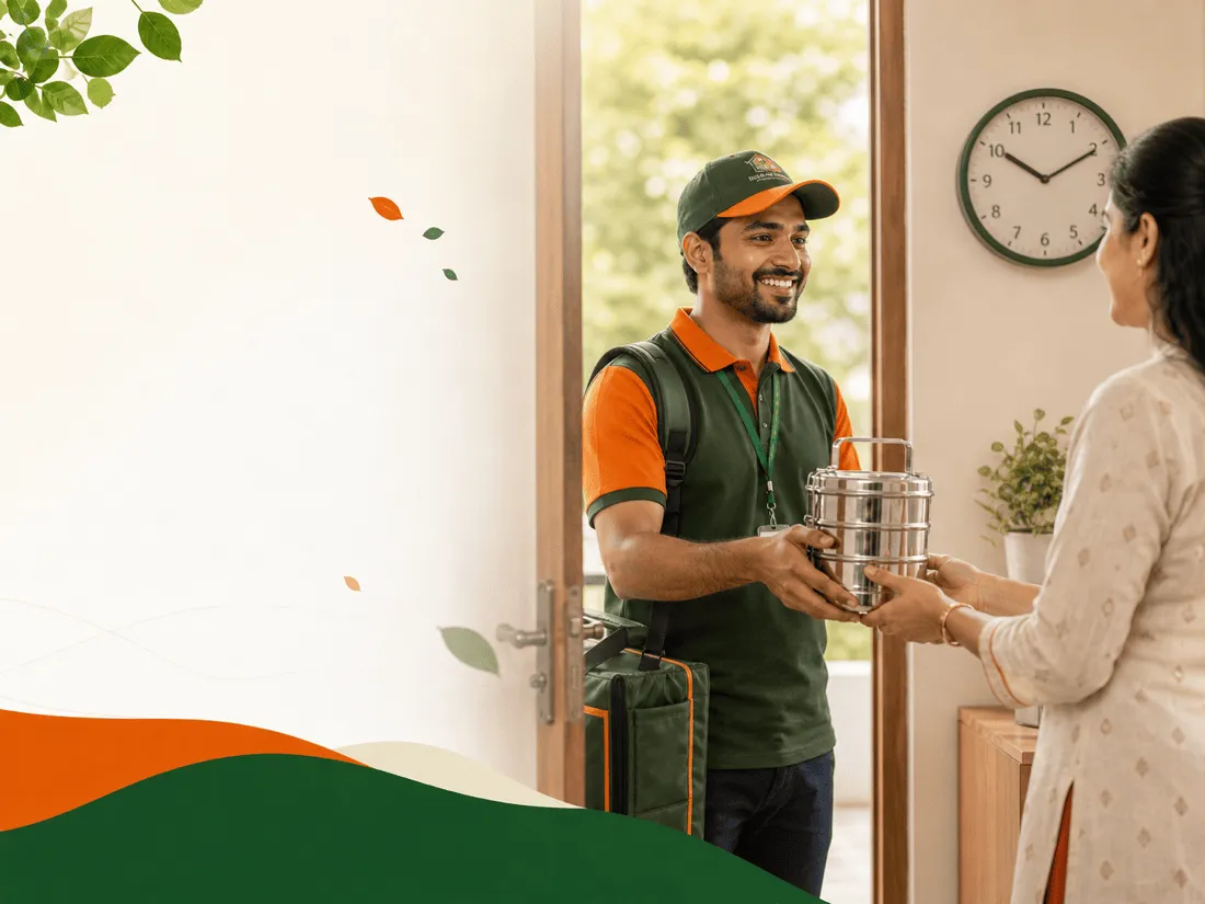 Tiffin delivery agent handing a fresh meal to a customer at the door in Jhajjar
