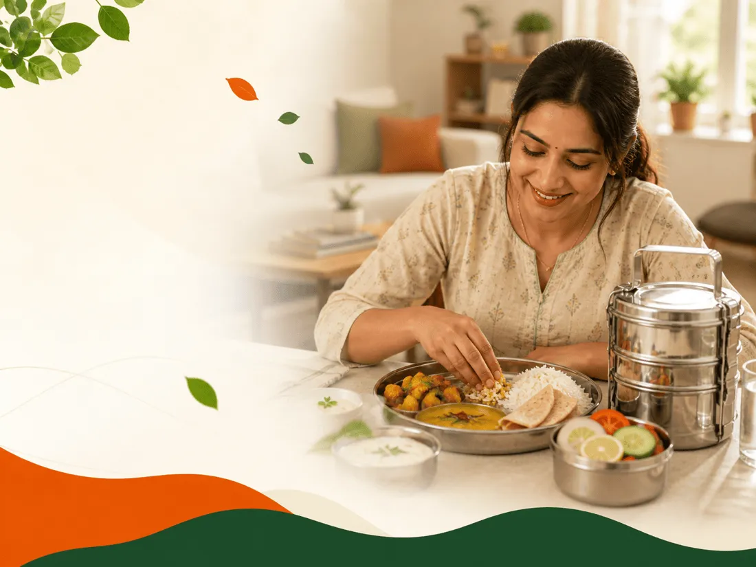 Customer enjoying a hot homemade vegetarian tiffin lunch at home