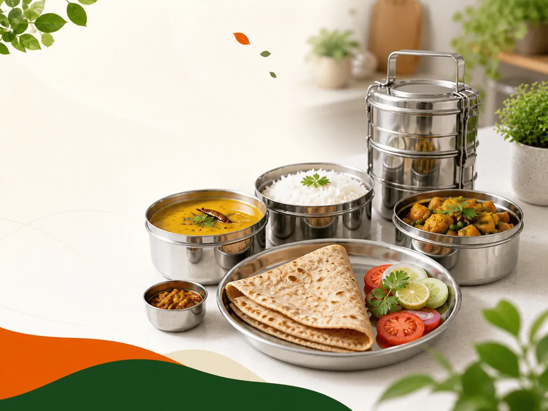 Homemade tiffin spread with chapati, dal, sabzi, rice and salad — today's menu at Ravinarayan Tiffin, Jhajjar